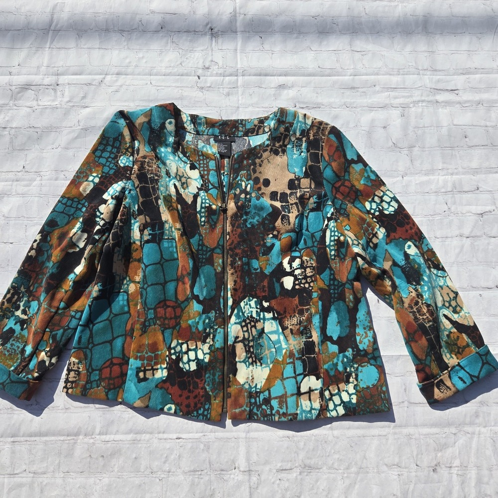REQUIREMENTS Teal Corduroy Blazer Jacket Women XL Abstract Western Boho Zip Coat